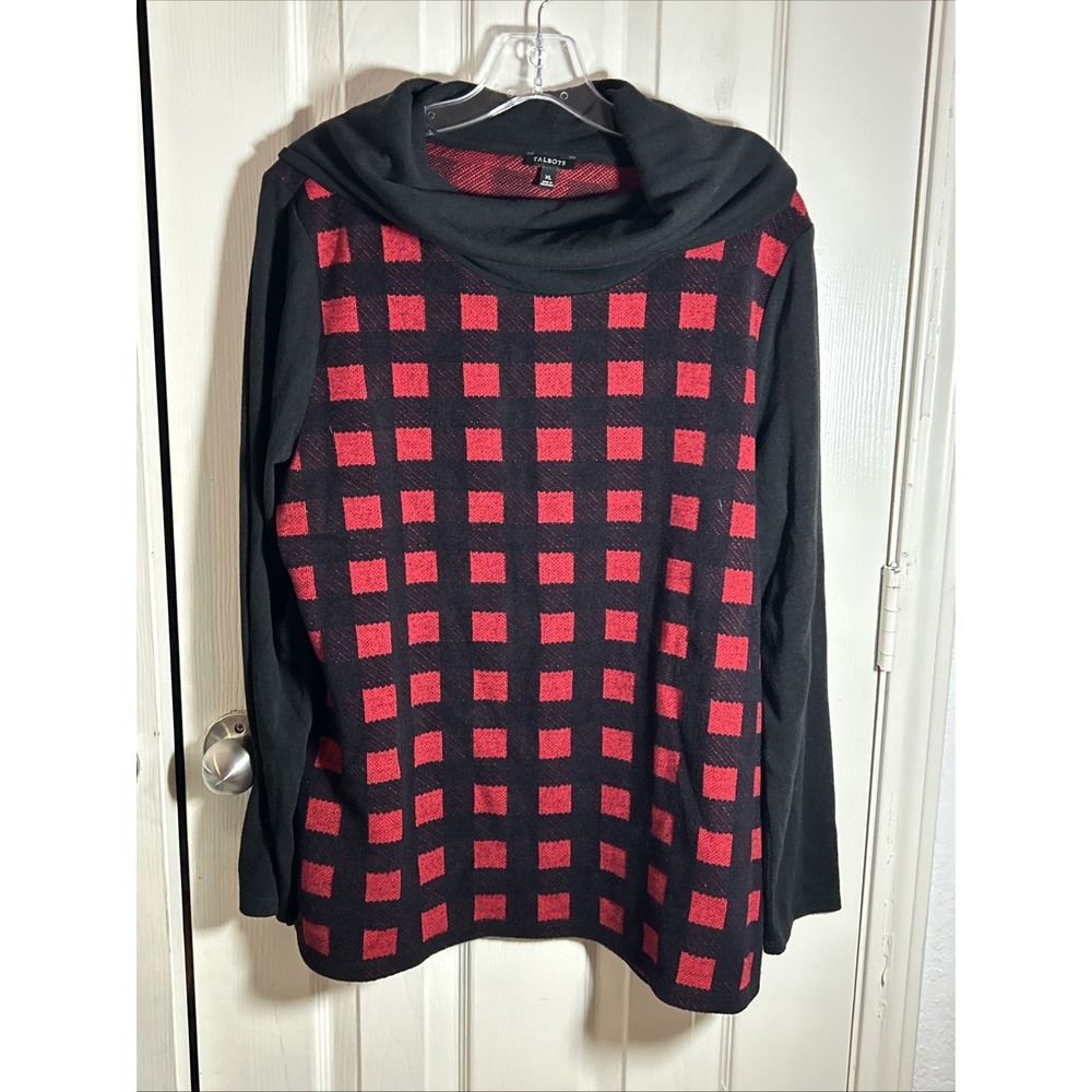 Talbots Sweater Check Print Cowl Neck Red Black XL